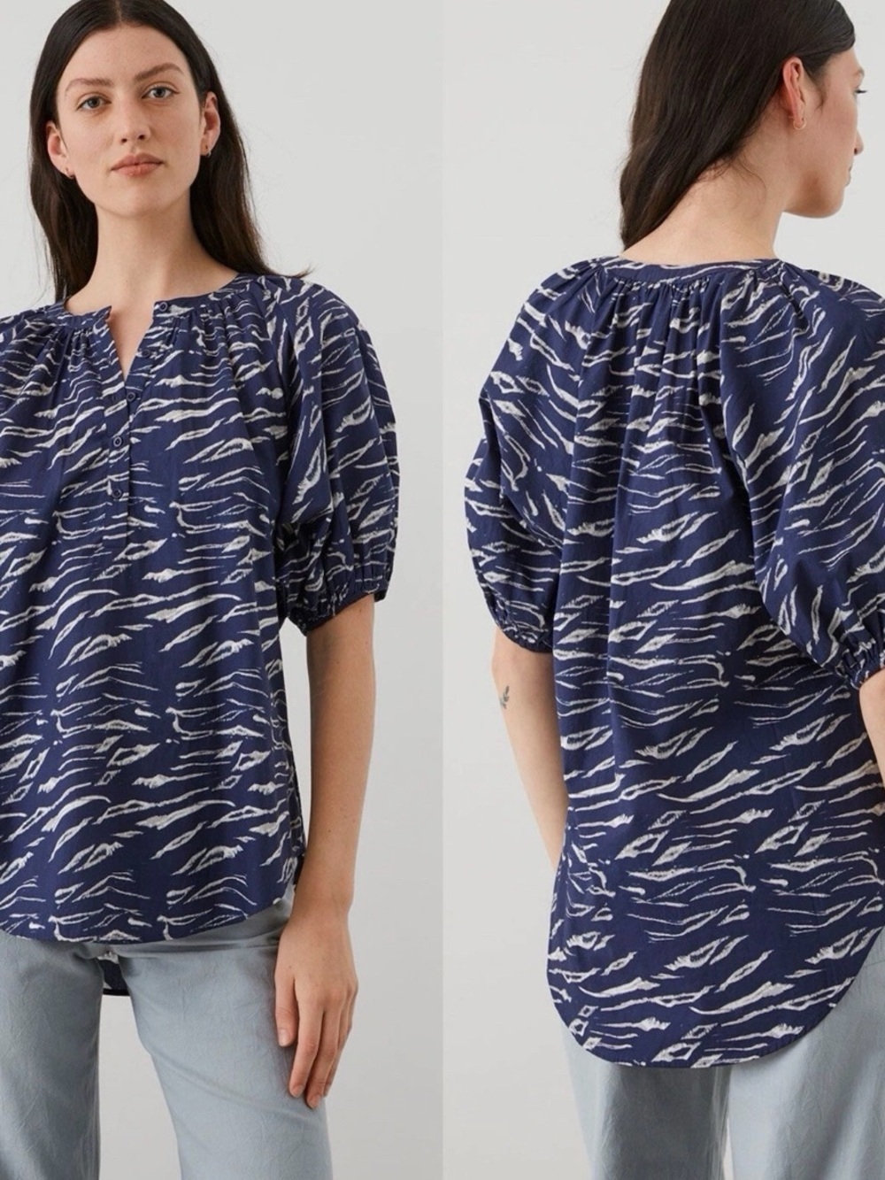 Apiece Apart Rosa Blouse Navy 100% Cotton Puff Sleeve Size Medium